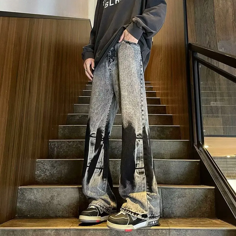 

Американский стиль High Street Винтажные потертые нишевые джинсы с принтом тай-дай Мужские модные свободные повседневные длинные брюки в стиле хип-хоп с прямыми штанинами