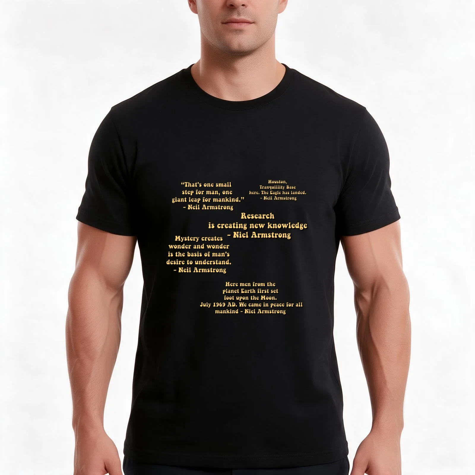 Neil Armstrong Quote Stickers T-Shirt, Summer Casual Cotton Tee, Oversized Streetwear Tops, Vintage Graphic Print, 100% Cotton