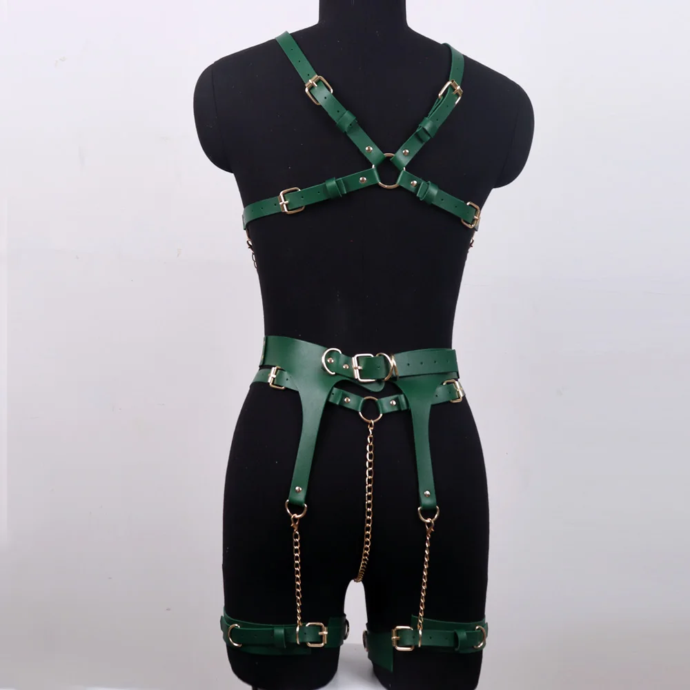 CEA Sexy Dark Green Full Body Chain Harness Bra Sexy Leather Lingerie Bondage Suspenders For Women Fetish Wear Garter Stocking