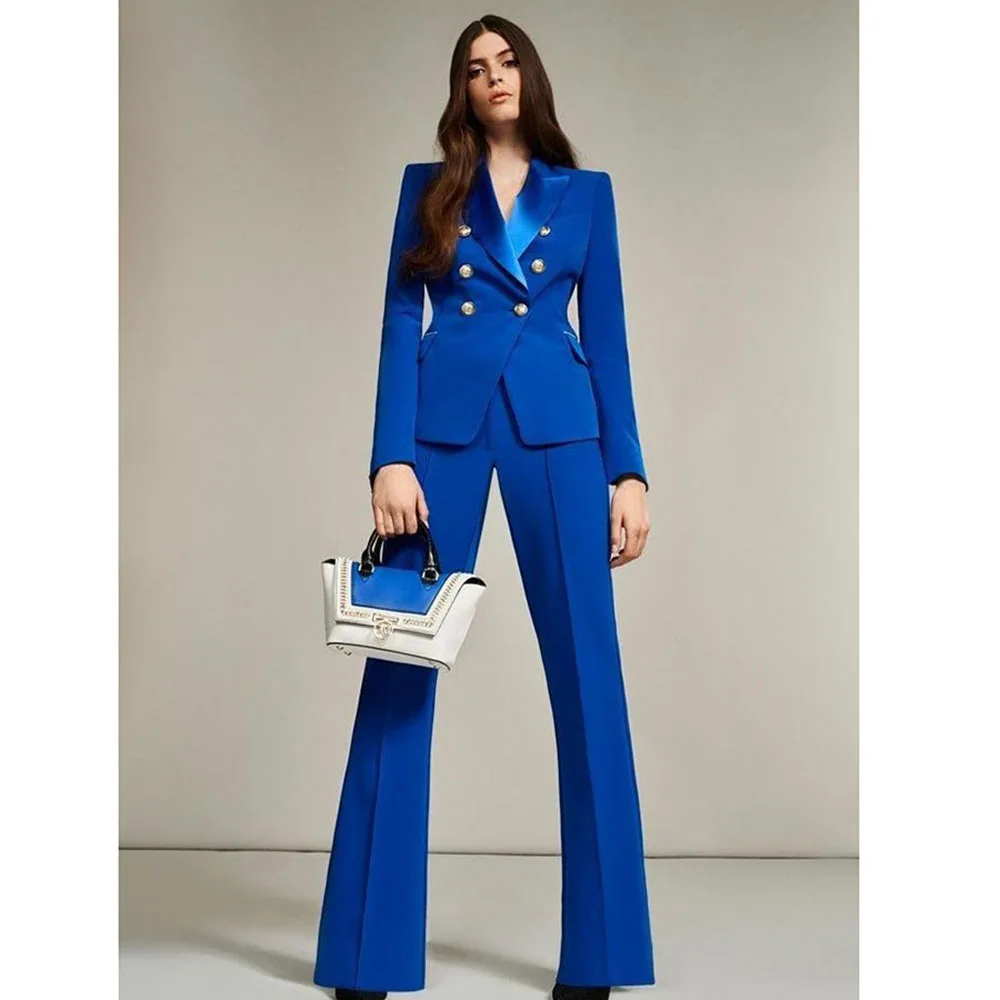 Fashion Chic Blue Suits for Women Double Breasted 2 Pieces Jacket Pants Female Clothing Slim Fit Office Banquet Lady's Costume