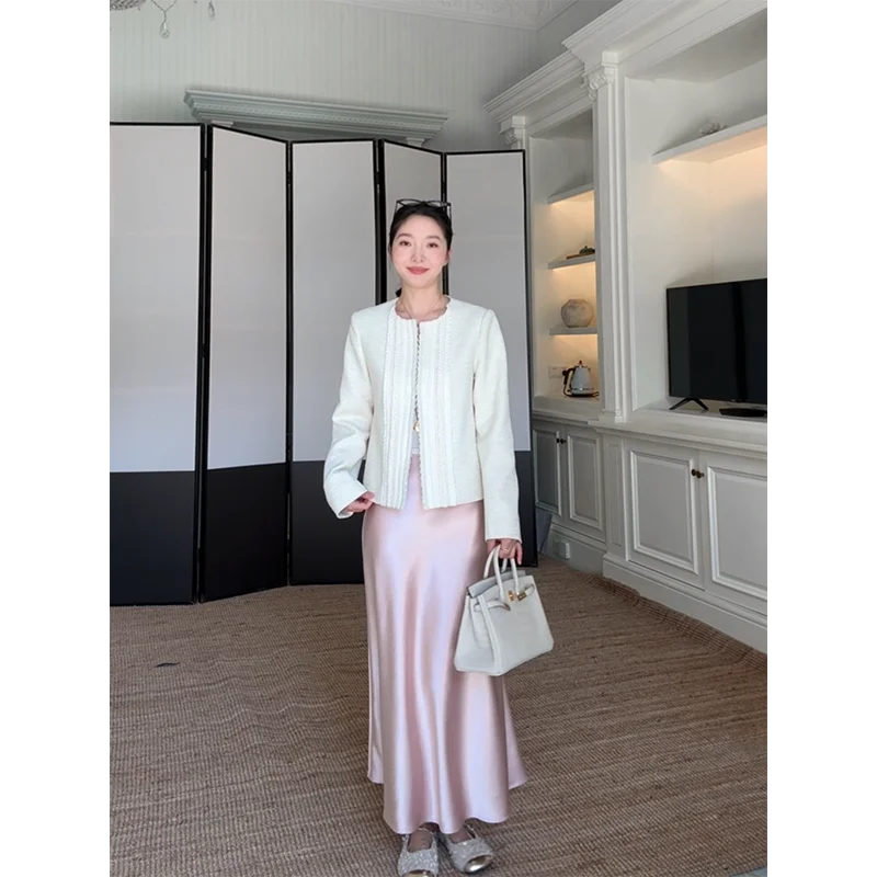 

Комплект из двух предметов: хлопковая смесовая кофта Cojiao и атласная юбка-рыбка для женщин, осенний топ с круглым вырезом, свободный крой, эффект похудения