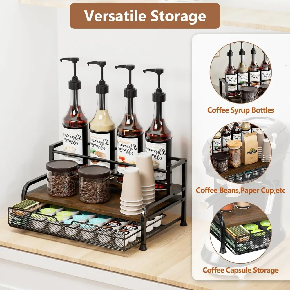 3-Tier Coffee Syrup Rack with Pull-Out Drawer for 8 Bottles and 35 K-Cups, Space-Saving Kitchen Organizer