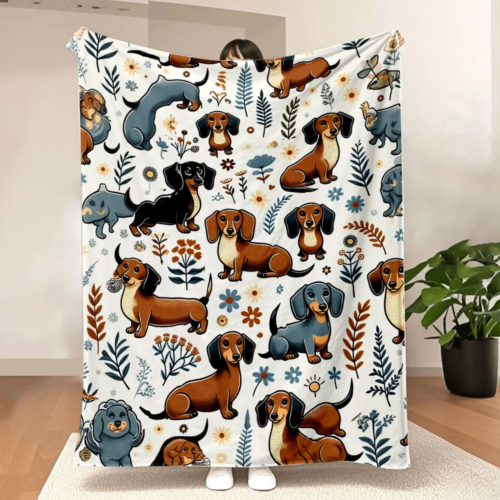Whimsical Dachshund Floral Pattern Blanket - Light Off-White Background with Cute Brown, Black, Blue-Gray Dogs, Flowers, Leaves