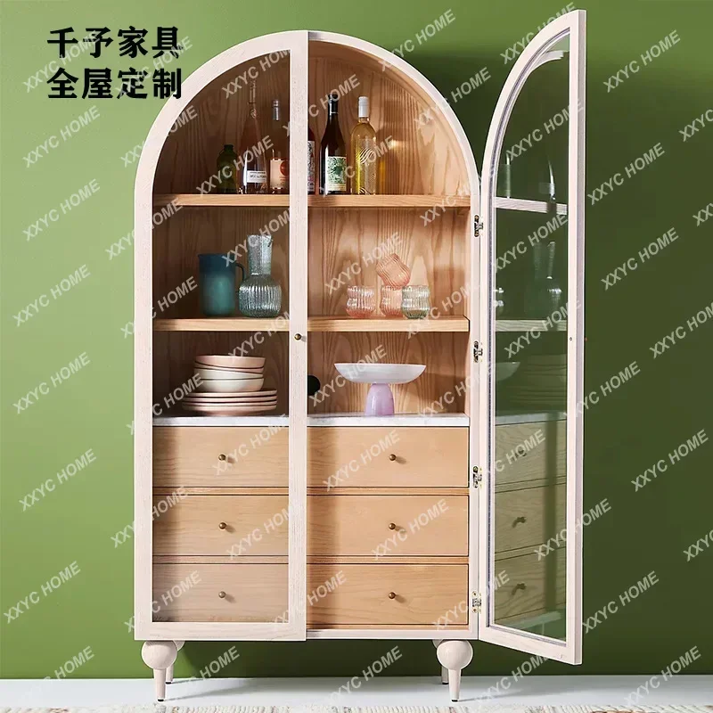 Librero Vintage JJY Negro con Puertas Dobles Arqueadas y Vitrina de Vidrio