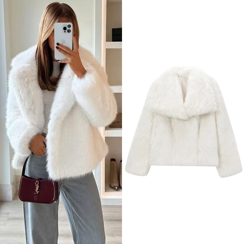 TRAF Women's Faux Fur Coat White Fox Fluffy Jacket Cropped Plush Coat Woman Outerwears Long Sleeve Jacket Hairy Warm Winter Coat