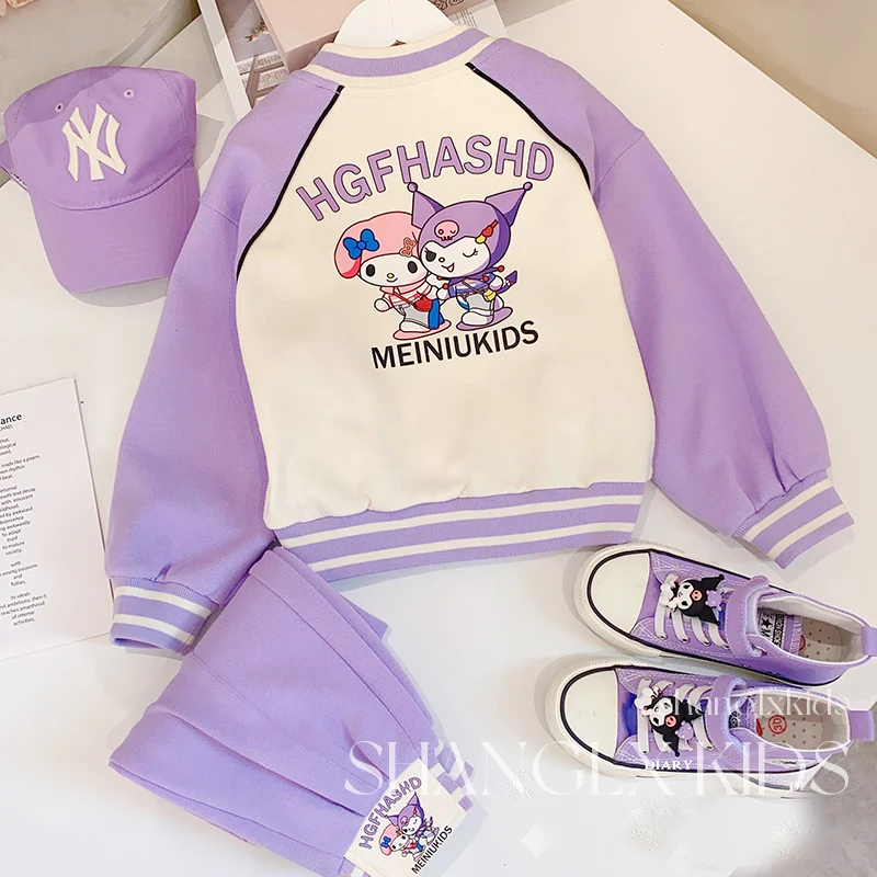 

3Pcs Kuromi Kids Baseball Jersey Set Anime Sanrios Fashion Casual Purple Jacket T-Shirt Pleated Skirt Girls Baseball Uniform