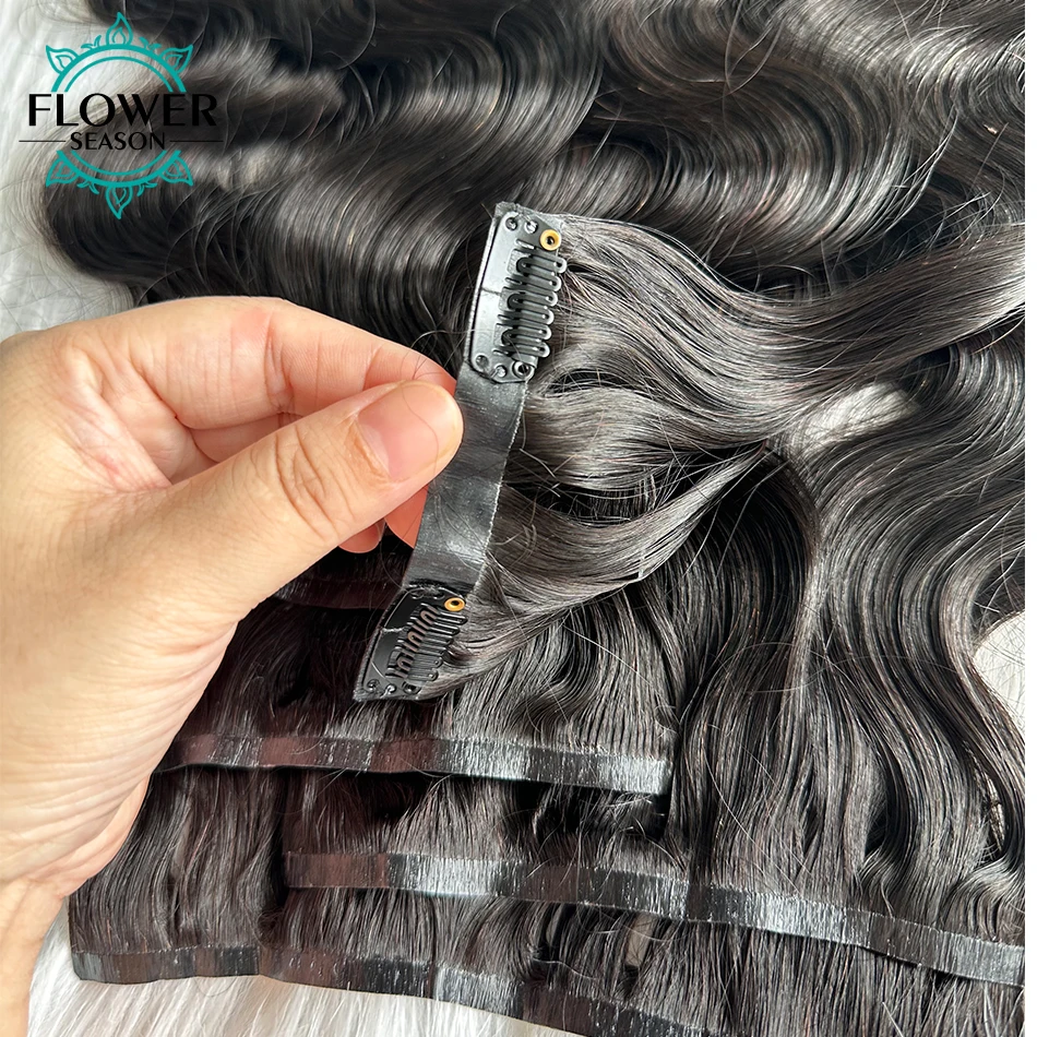 Clipe sem emenda em extensões de cabelo, onda do corpo, PU invisível, Ins extensão do cabelo, cabelo humano de trama dupla, 100g cabeça cheia, 7PCs