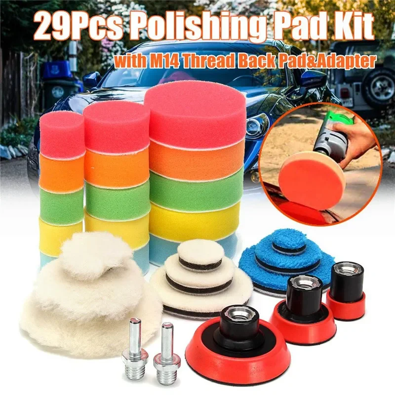 29Pcs Car Foam Drill Polishing Pad Kit 1.2/2/3 Inch Buffing Pads Sponge Set Kit M14 Drill Adapter Power Tool Car Polisher