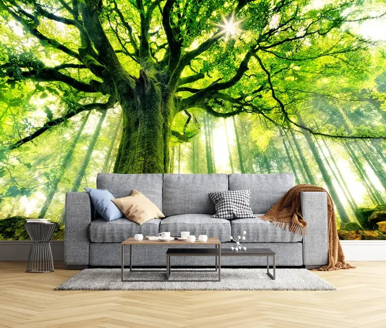 Green Forest Wallpaper Nature Big Tree Landscape Removable Peel and Stick Self Adhesive Wall Mural Reusable Fabric Wallpaper Mod