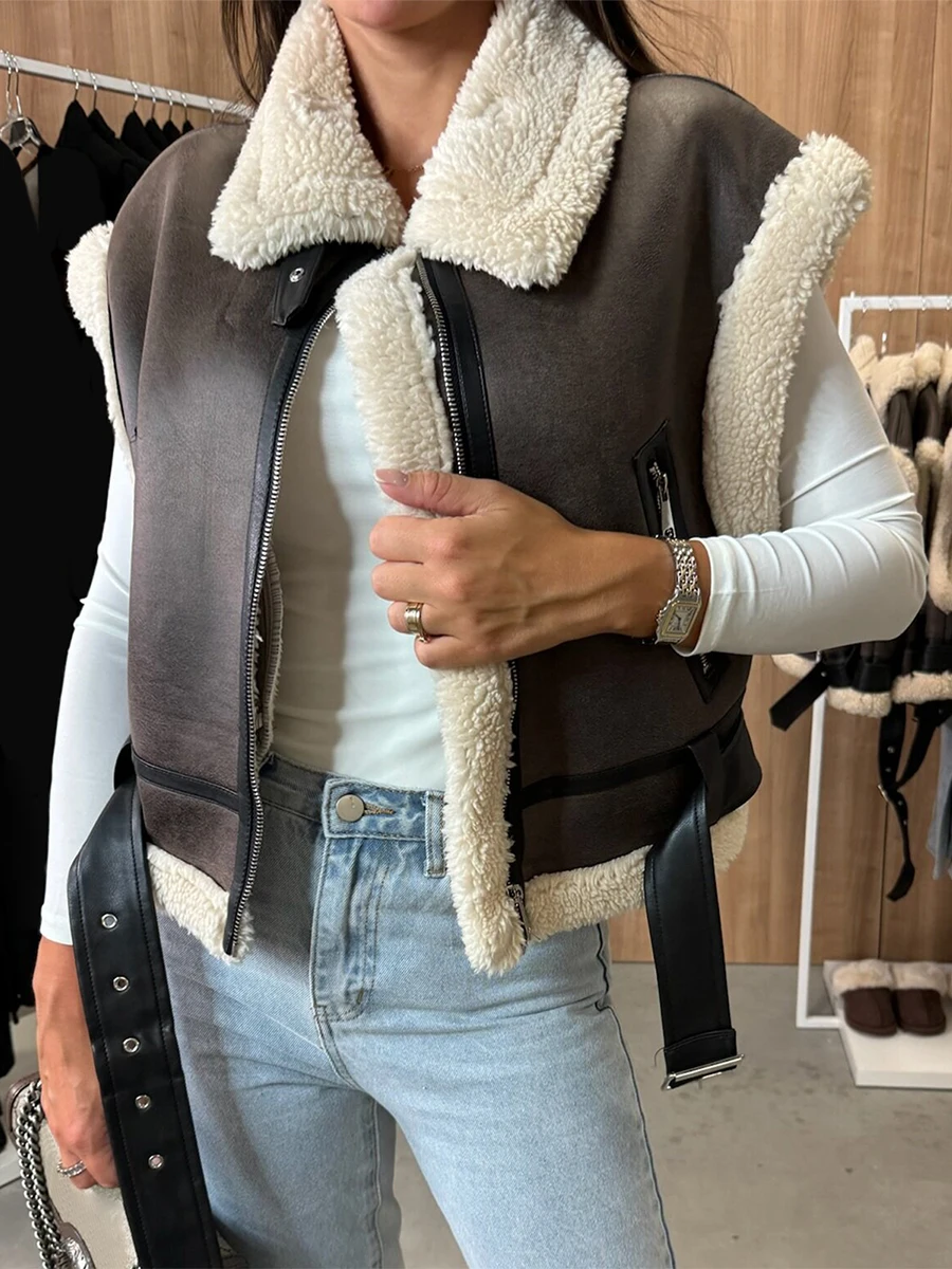 Women Leather Sherpa Vest Fur Collar Sleeveless Zipper Faux Suede Shearling Vest Nice Biker Moto Jacket Winter Warm Outerwear