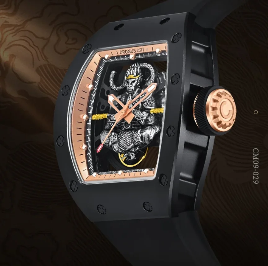 CRONUSART Orologio automatico da uomo 50mm Tonneau Orologio da polso meccanico Cassa in acciaio al carbonio Specchio zaffiro Scheletro luminoso Quadrante Wukong