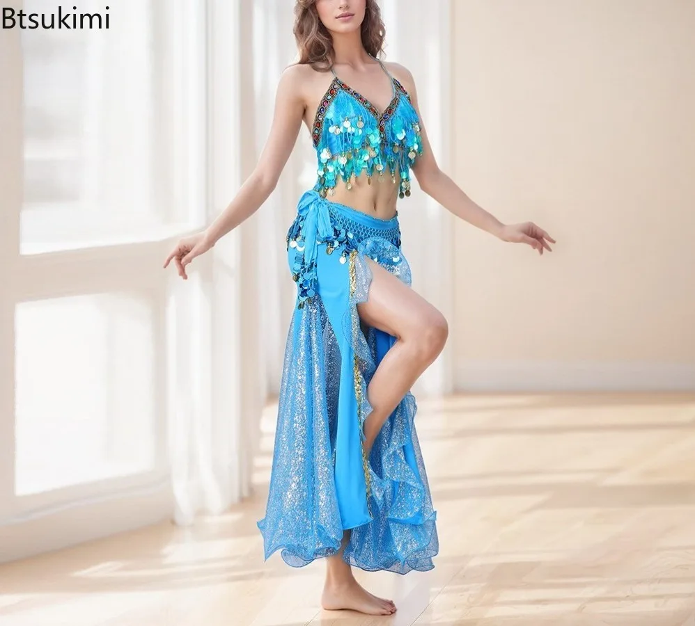 Ensemble de 3 pièces de danse du ventre pour femmes, haut + jupe + chaîne de taille, Costume de spectacle sur scène de danse du ventre pour adultes, Style Tribal exotique