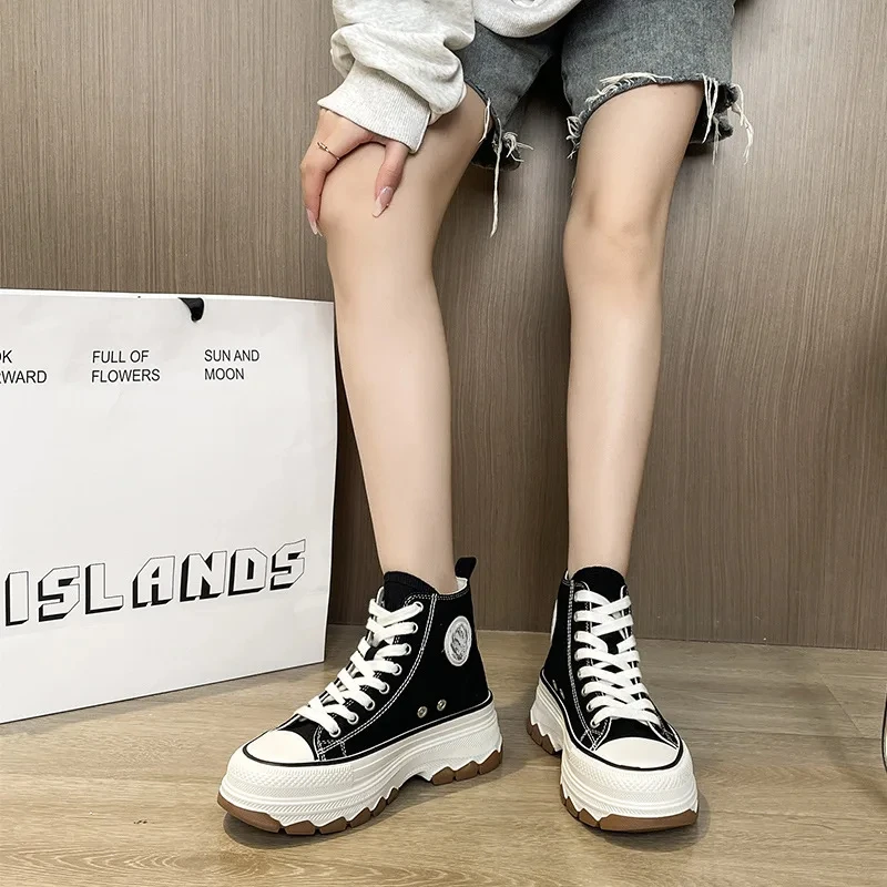 Ins2023 Zomer Nieuwe Hoge Schoenen Japan Fashion Hoogte Toenemende Platform Golfbodem Veelzijdige Casual Sneakers Canvas Schoenen Wo