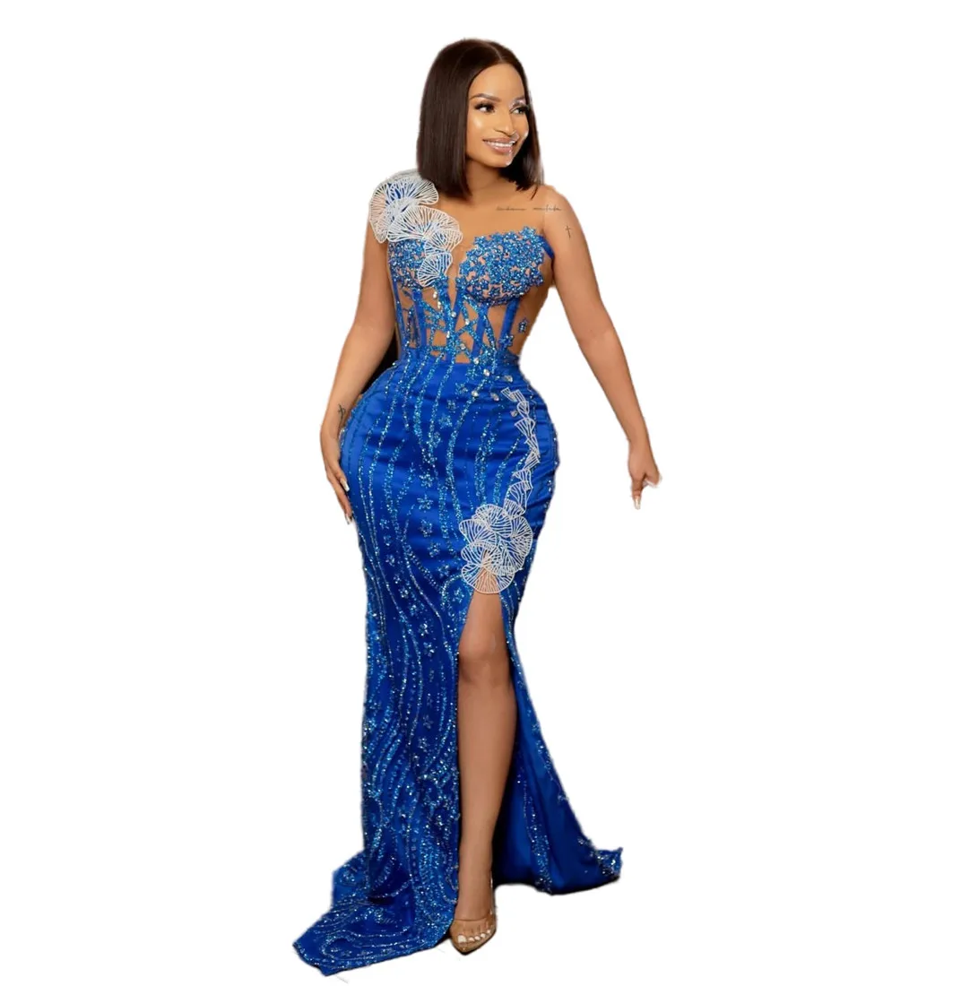 2024 Plus Size Mermaid Royal Blue Prom Dresses Florals Sequined Evening Formal Party Second Engagement Birthday Gowns Dress Z33