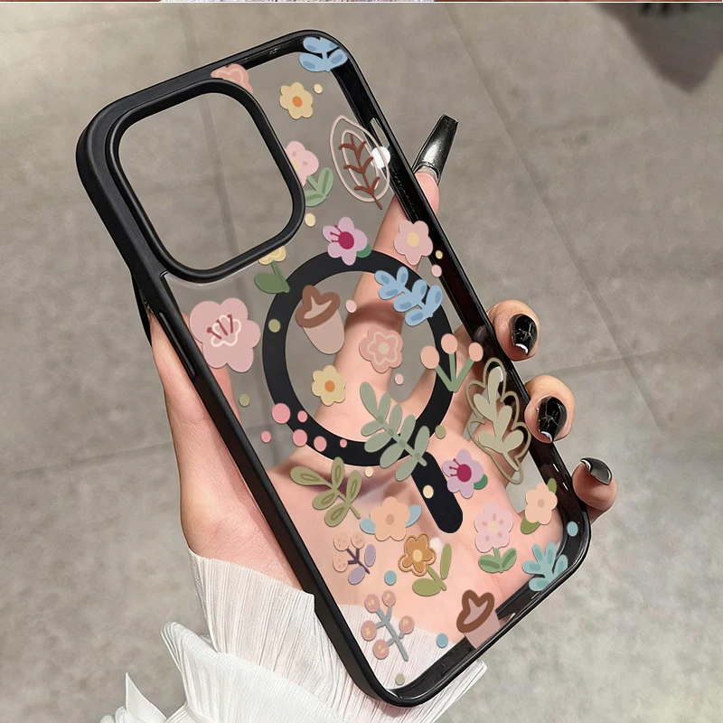 

Cute Flower Pattern Phone Case For iPhone 17 16 15 Plus 14 Pro 13 Max 11 12 13 Air For Magsafe Magnetic Wireless Charge Cover