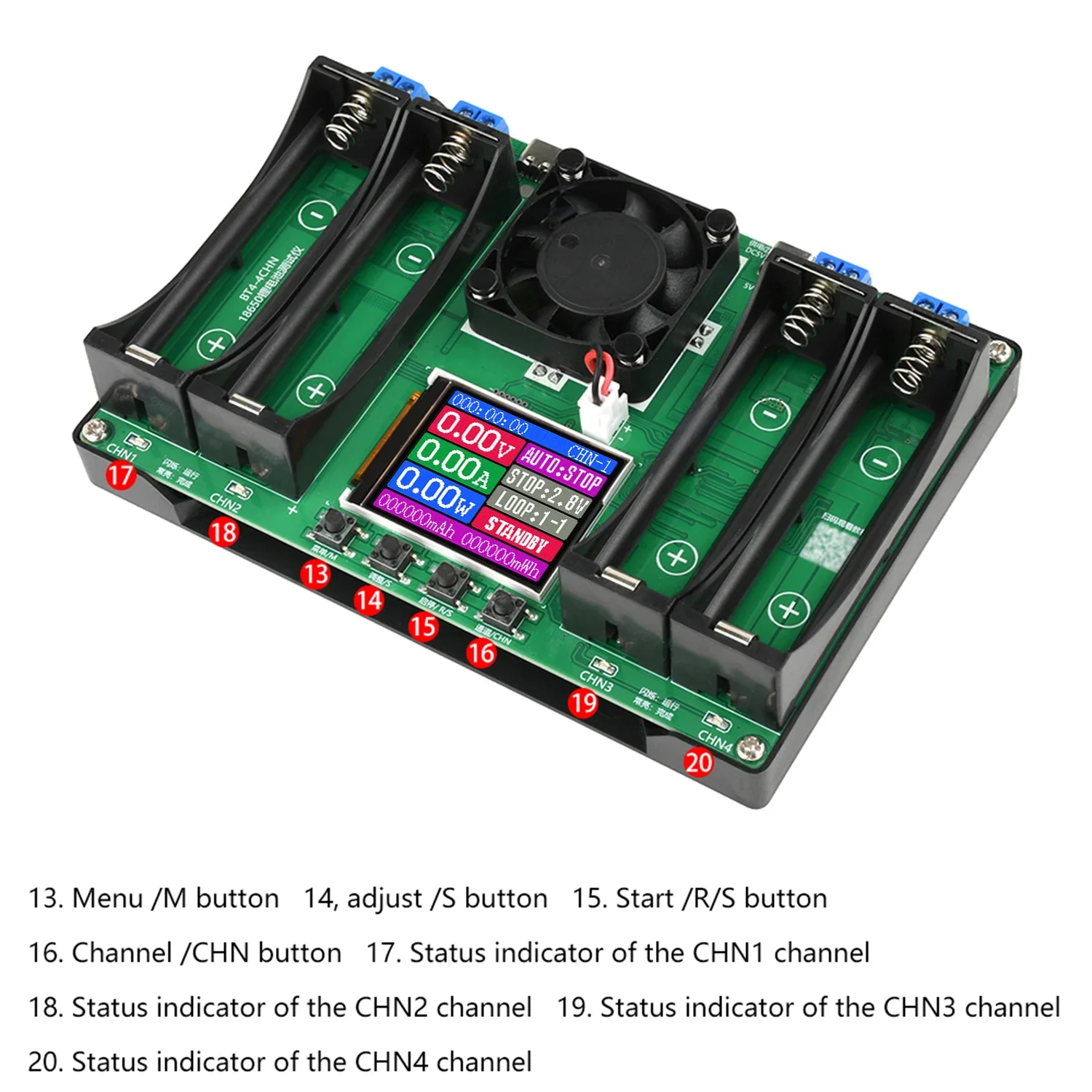 Typ-C 4-Kanal-Batteriekapazitätstester mit LCD-Anzeige, mAh, digitales Lithium-Batterie-Detektionsmodul für Batterietests 18650/21700 – Detail 4