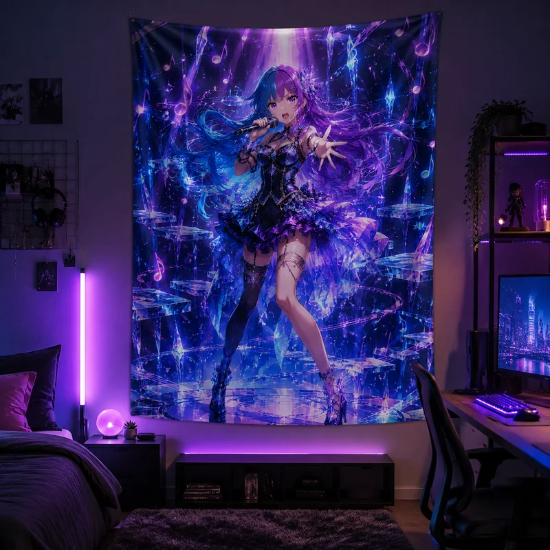 VIKAMA Cyber Neon Anime Tapestry, Idol Girl Singing Soft Wall Hanging, Anime-Style Living Room and Bedroom Home Decor