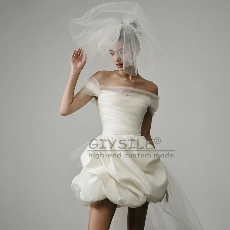 GIYSILE فساتين زفاف صغيرة بسيطة على شكل حرف a مخصصة عاجية للنساء من الساتان فستان حفلات بدون أكتاف للتصوير الفوتوغرافي فساتين مناسبة