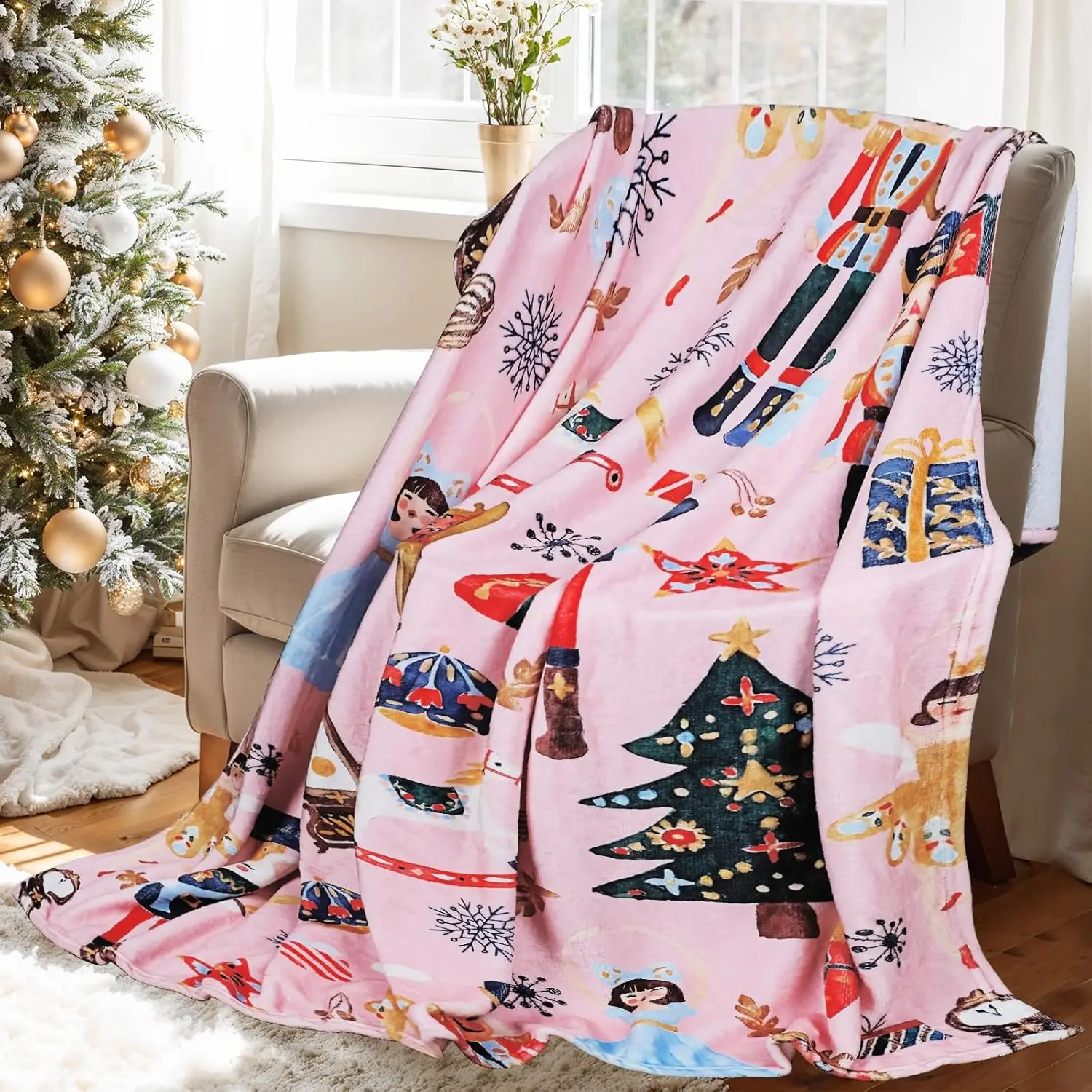 Nutcracker Blanket Fuzzy Christmas Nutcracker Throw Blanket with Soldier Fairy Prince Mouse Gift Pattern Decorative Blanket for