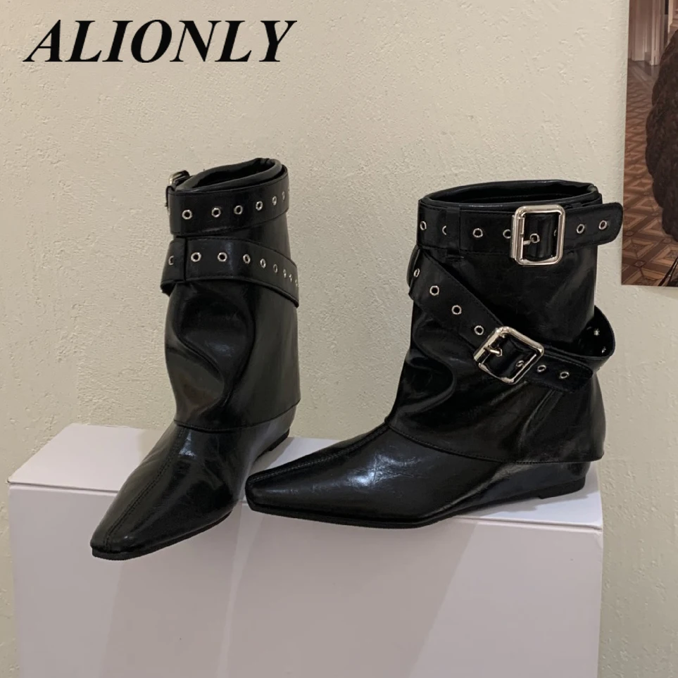 

Alionly 2026 New Thin High Heels Women Ankle Boots Designer Belt Buckle Pleated Short Booties Spring Autumn Pointed Toe Shoes