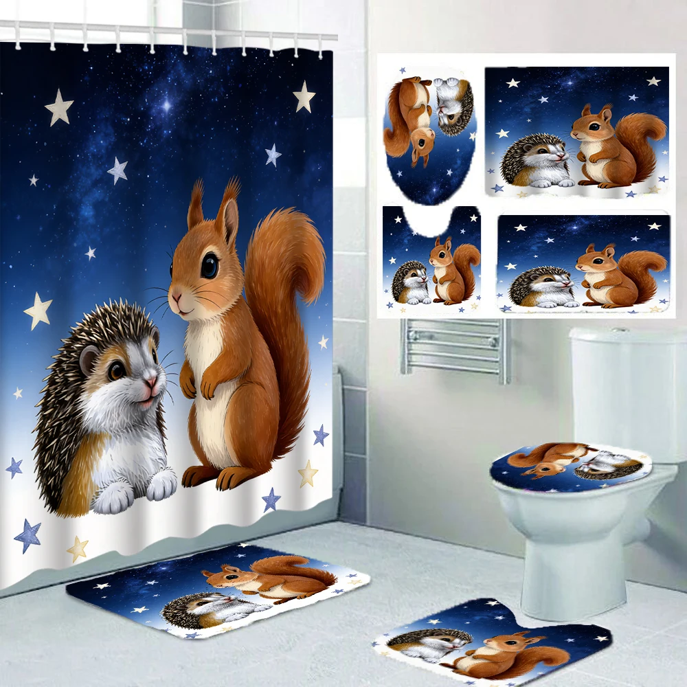 

4/1 Squirrel and Hedgehog shower curtain, toilet seat decoration, shower curtain with carpet and toilet lid, size 70.8x70.8 in