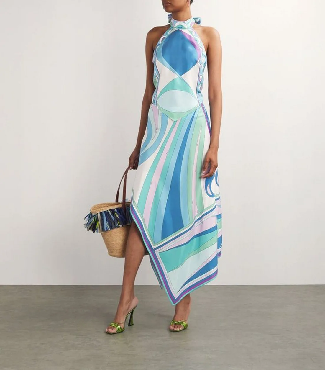 

Stylish Lady Abstract Print Satin 2 Piece Set Halter Backless Crop Top Irregular Midi Skirt 2026 Women Vacation Matching Outfits