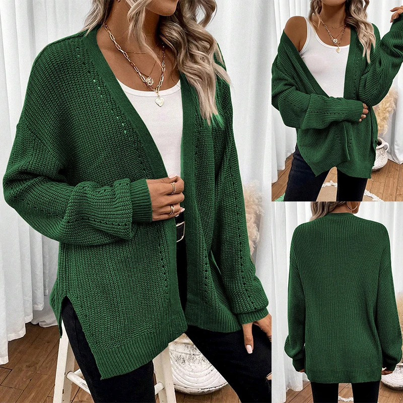 

Женский однотонный вязаный кардиган с длинным рукавом средней длины с открытым передом, осенне-зимний повседневный свитер, модный топ