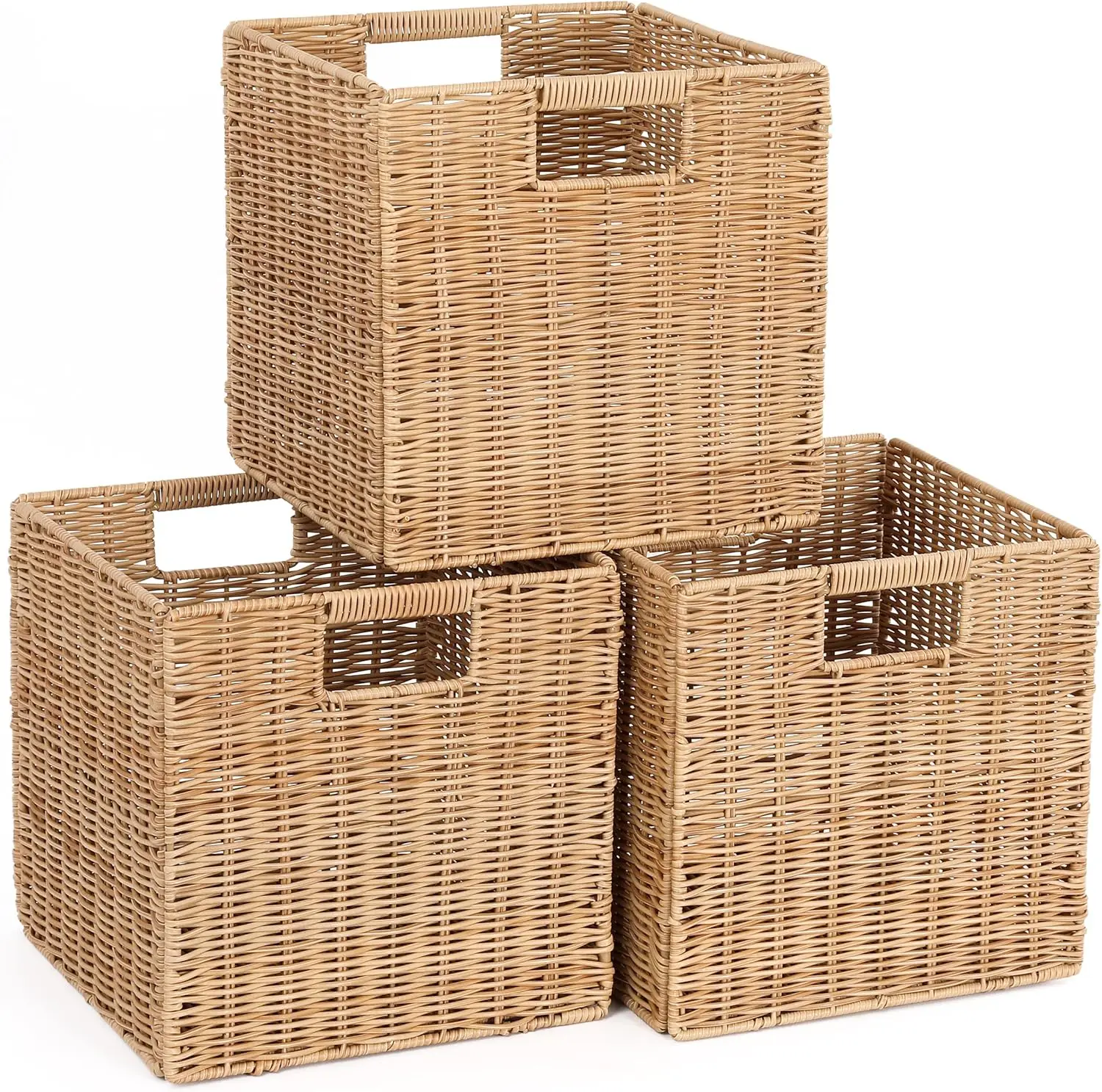 

Collapsible Plastic Wicker Storage Baskets Set of 3, 10.5 Inch Cube for Shelves - Khaki