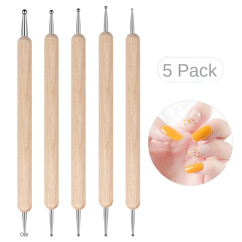 5pc Professional 2 Ways Nail Art Dotting Pen Wood Steel DIY Dotting Pens Rhinestones Gem Picker Manicure Tools