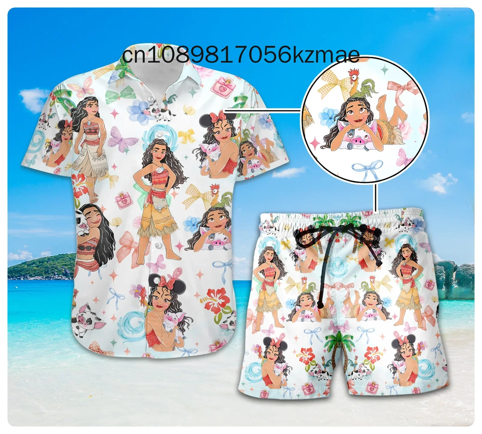 

New Disney Moana Princess Hawaiian Shirt Shorts Set Casual Beach Vacation Short Sleeve Set Disney Beach Shorts Retro Button Shir