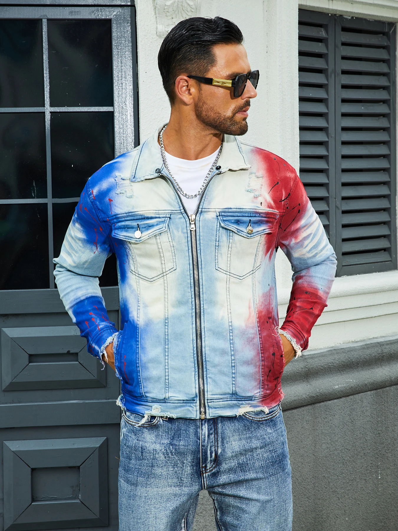 Men's fashion stretch jacket, full strip printing, fashion wash, has a very fashionable designRSMFABELANTEJKT-WHBL-ML