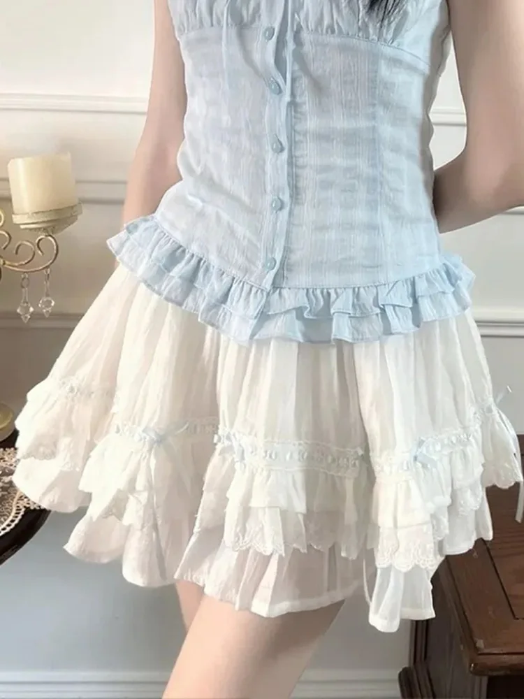 Zoki Bow Sweet Women White Skirt Cute Casual Elegant High Waist Mini Skirts Vintage Preppy Style Kawaii Female Ball Gown Skirt