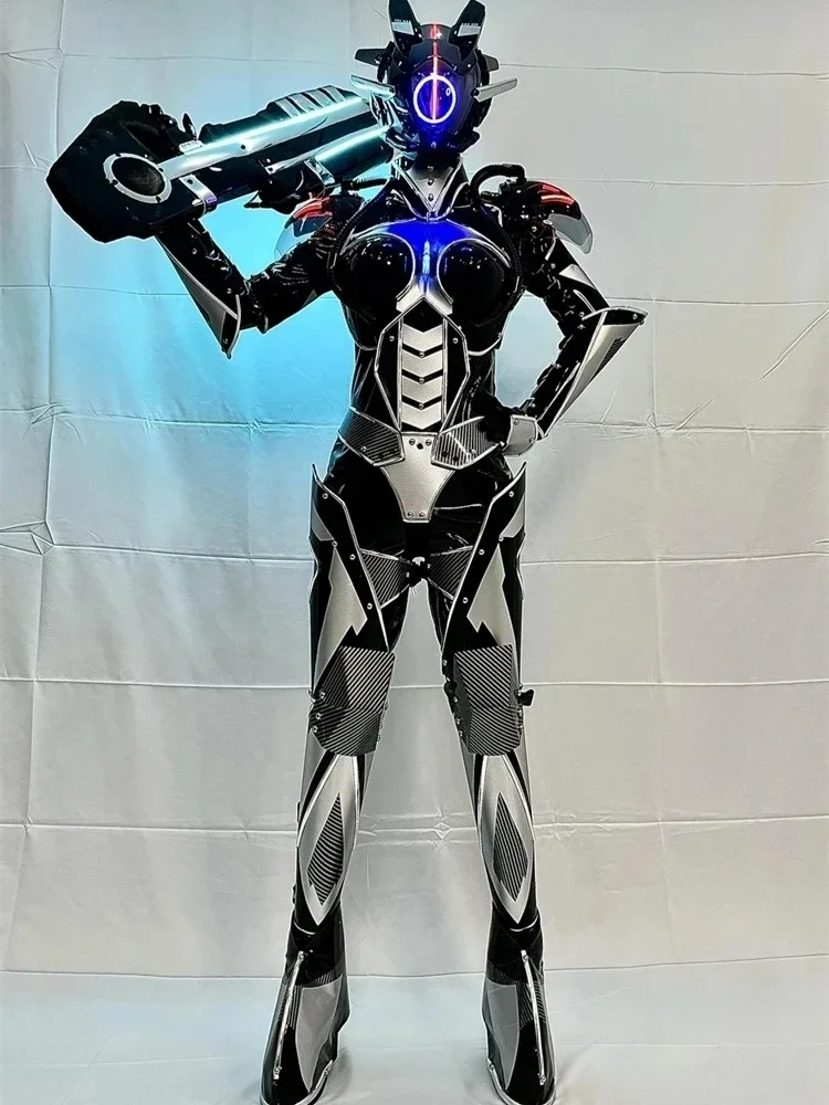 LED Light Costumes Men Women Tech Armor Robot Helmet Party Cosplay Colorful Luminous Silver Outfit Bar Props Performance DJ Bar