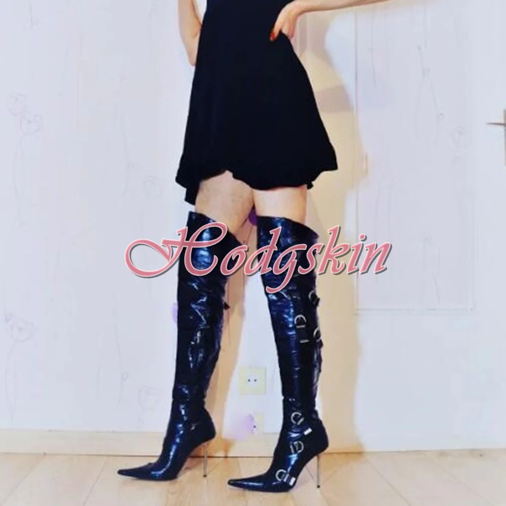 

Metal Stiletto Heels Pointy Boots Belt Buckles Patent Leather Over The Knee Boots Women Sexy Shoes Solid Side Zipper Super Party