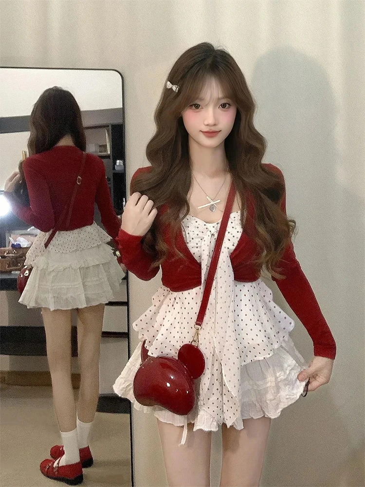 Red Polka Dot Bubbles Cardigan Sweater Women's Sweet Style Three-Piece Set with White Short Skirt And Strap Vest for Slimming...