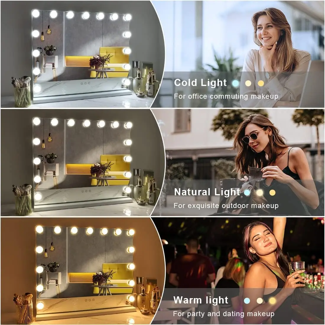 Hollywood Lighted Makeup Mirror with Dimmable LEDs, Adjustable Colors, and USB/Type-C Charging for Bedroom