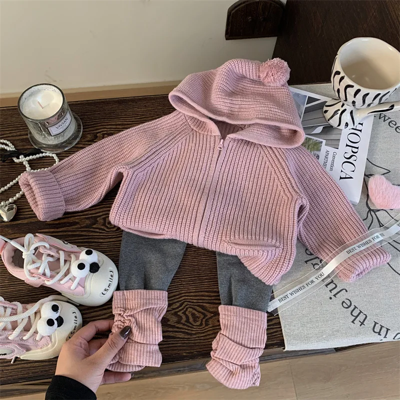 

Children's Clothing New Autumn Girls' Hooded Knitted Sweater Cardigan Coat Color Matching Leggings Two-piece Set