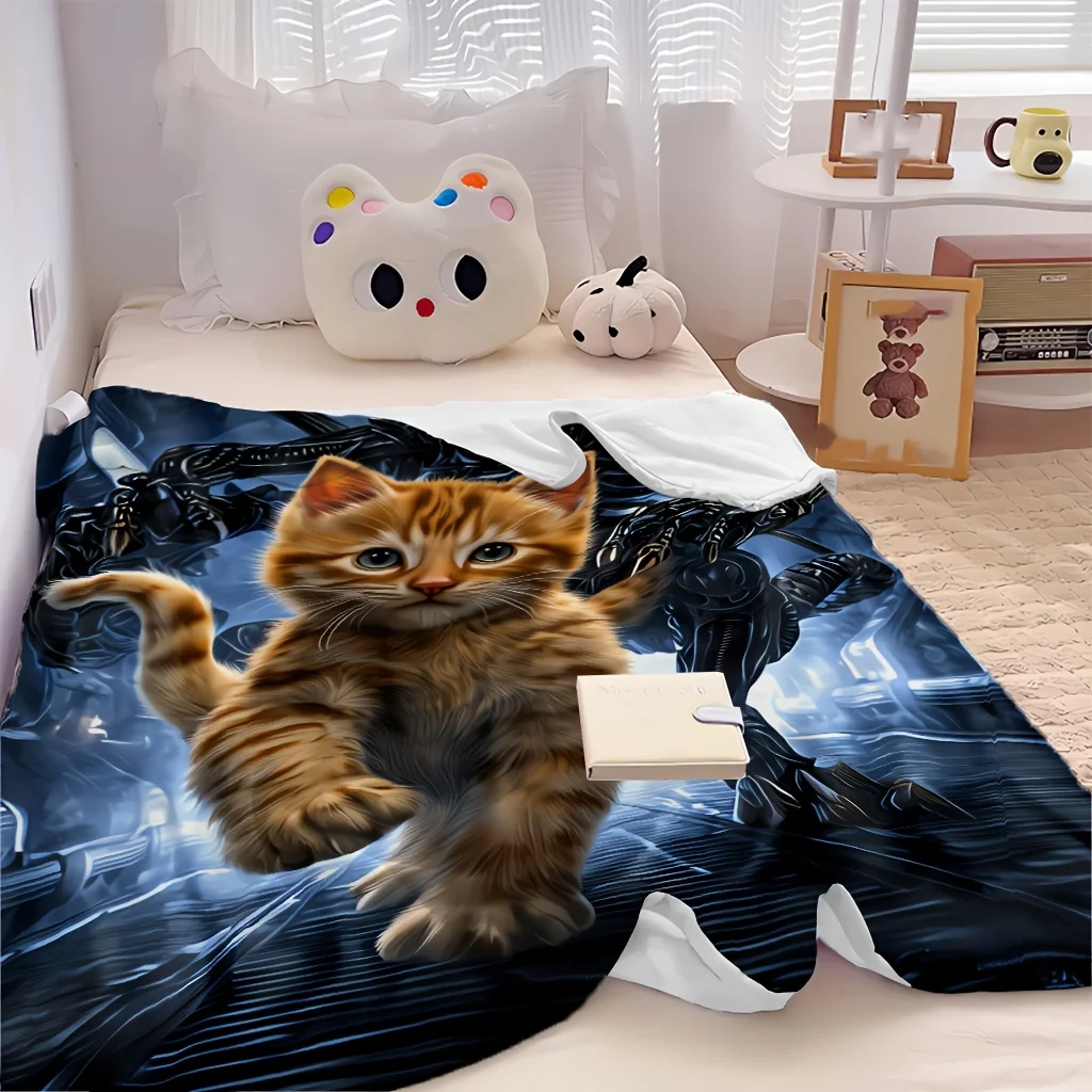 1pc Orange Tabby Cat Dark Grunge Cute Domestic Portrait Print Flannel Blanket, Comfortable And Portable, Suitable for Blankets,