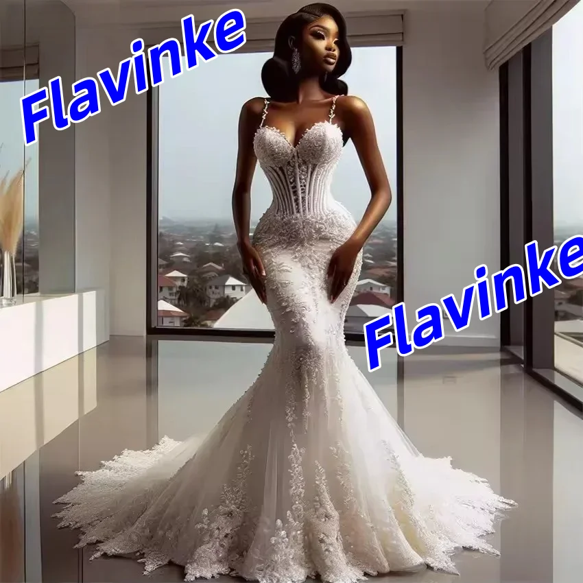 Flavinke Customzied Luxury Sexy Lace Mermaid Wedding Gown Bride Robe Evening Dresses Corset Spaghetti Straps Vestido De Novia
