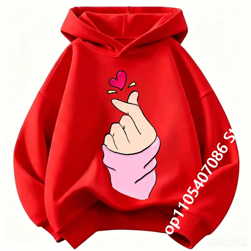 Kids Finger Heart Graphic Hoodie, Girls Cute Love Hand Print Pullover Hooded Sweatshirt Casual Long Sleeve Tops