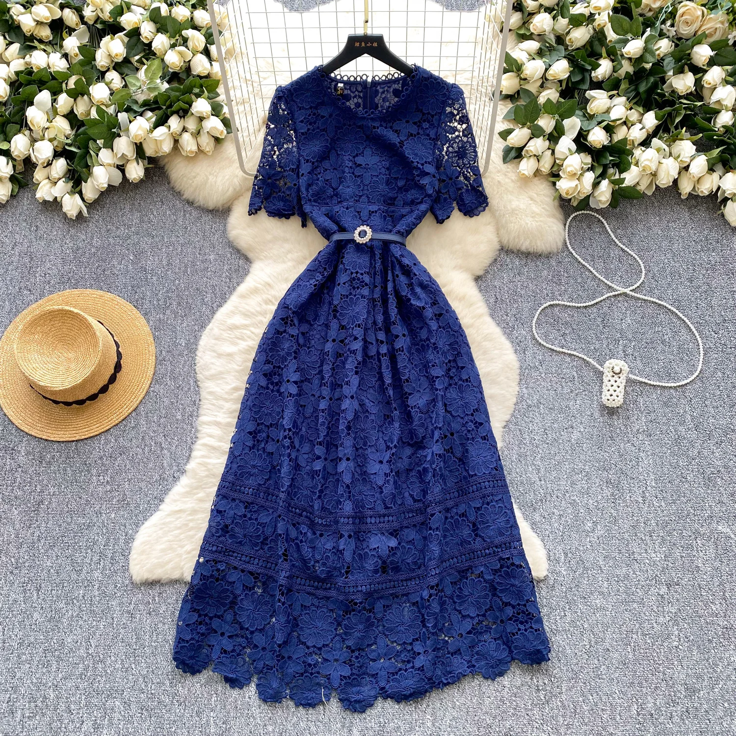 Elegant Flower Embroidery Water Soluble Lace Wedding Dress Women's Short Sleeve Crystal Belt Hollow Out Prom Evening Vestidos