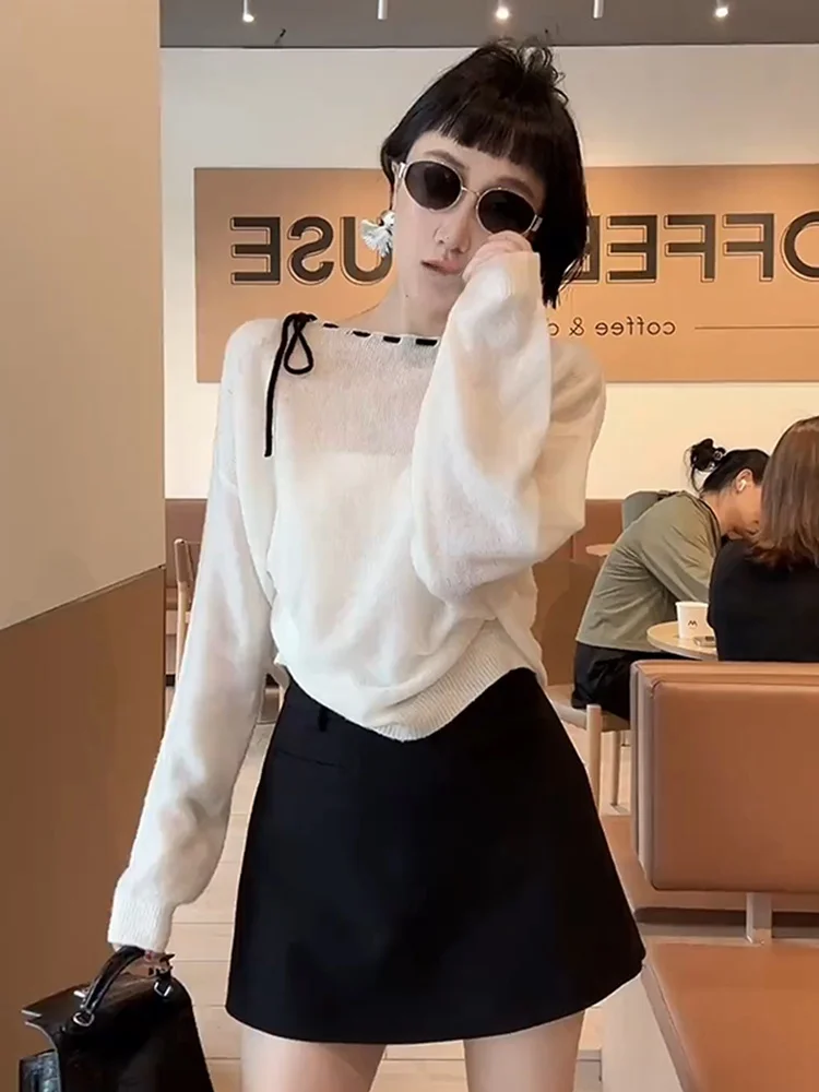 

White Knitted Knot Top Women's Spring New Sle oulder Exposure Base Coat Slimming Versatile Long Sve Sweater