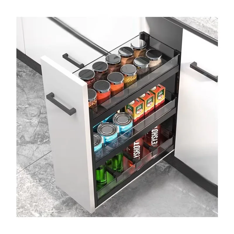 

Modern Kitchen Cabinets with Pull-Out Aluminum Alloy Drawers Seasoning Basket and Dish Rack Combined Corner Storage Organizer