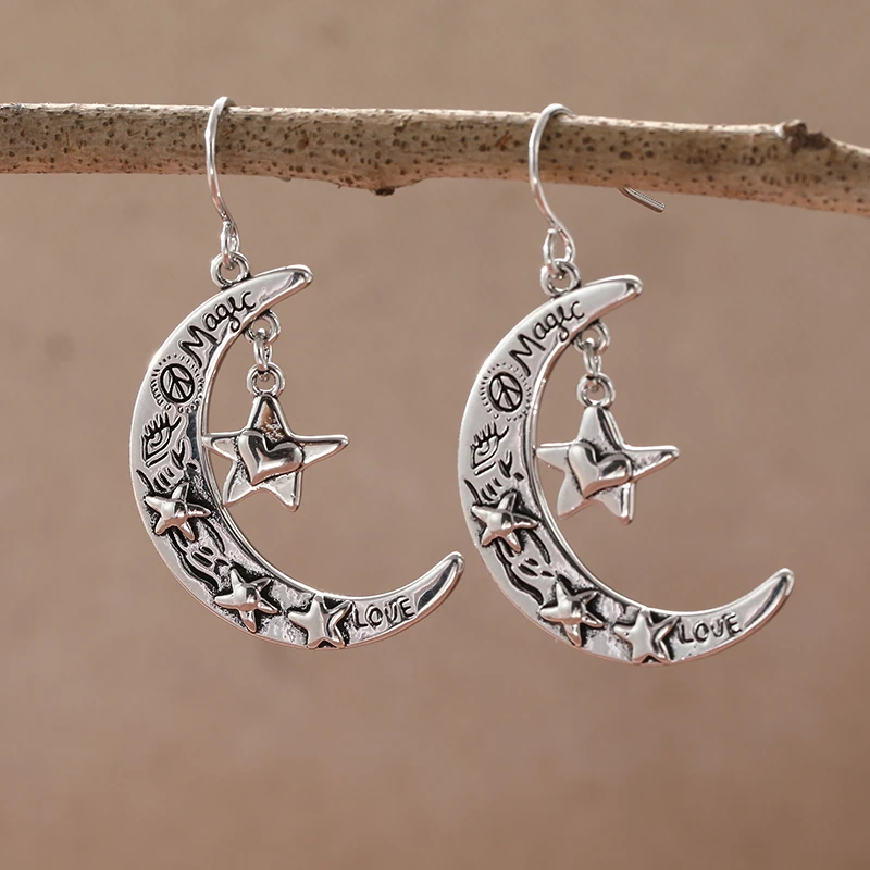 Vintage Hand Carved Moon Star Shaped Dangle Earrings Silvery Plated Women's Fashion Jewelry Creative Festival Accessories Gifts