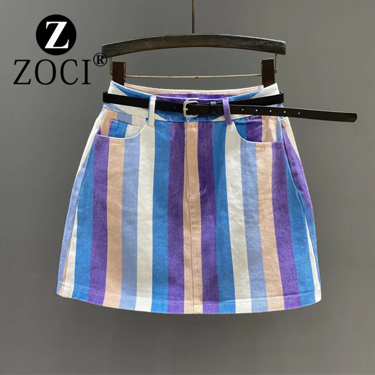 [zoci] Niche Design Vertical Stripe Denim Short Skirt 2024 Summer New Korean Version Color High Waisted Skirt Versatile A-line