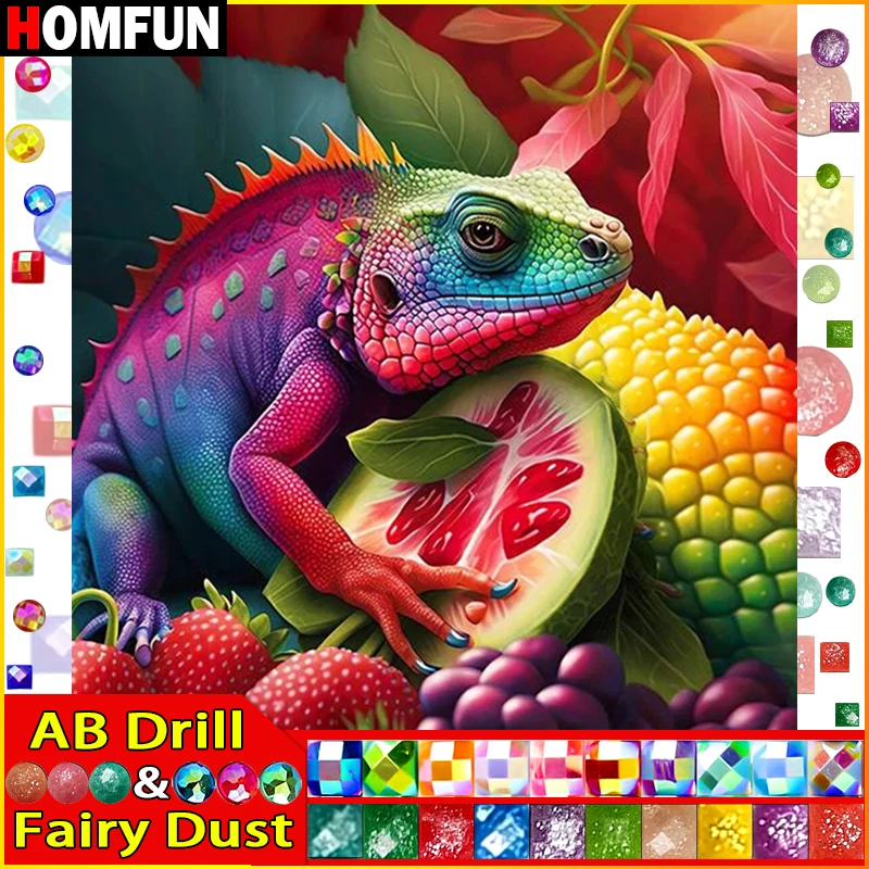 HOMFUN Fairy Dust AB DIY Diamantgemälde „Tier Eidechse“ voller Bohrer, quadratisch, rund, Diamant-Stickerei, 5D-Diamant-Dekoration