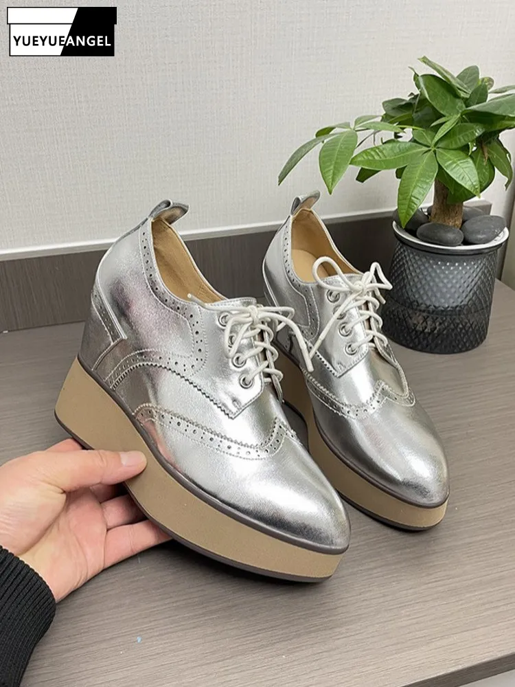 

Korean Style Women Wedge Heel Real Leather Pumps High Heels Cowhide Lace-Up Shoes Pointed Toe Height Increasing Casual Footwear