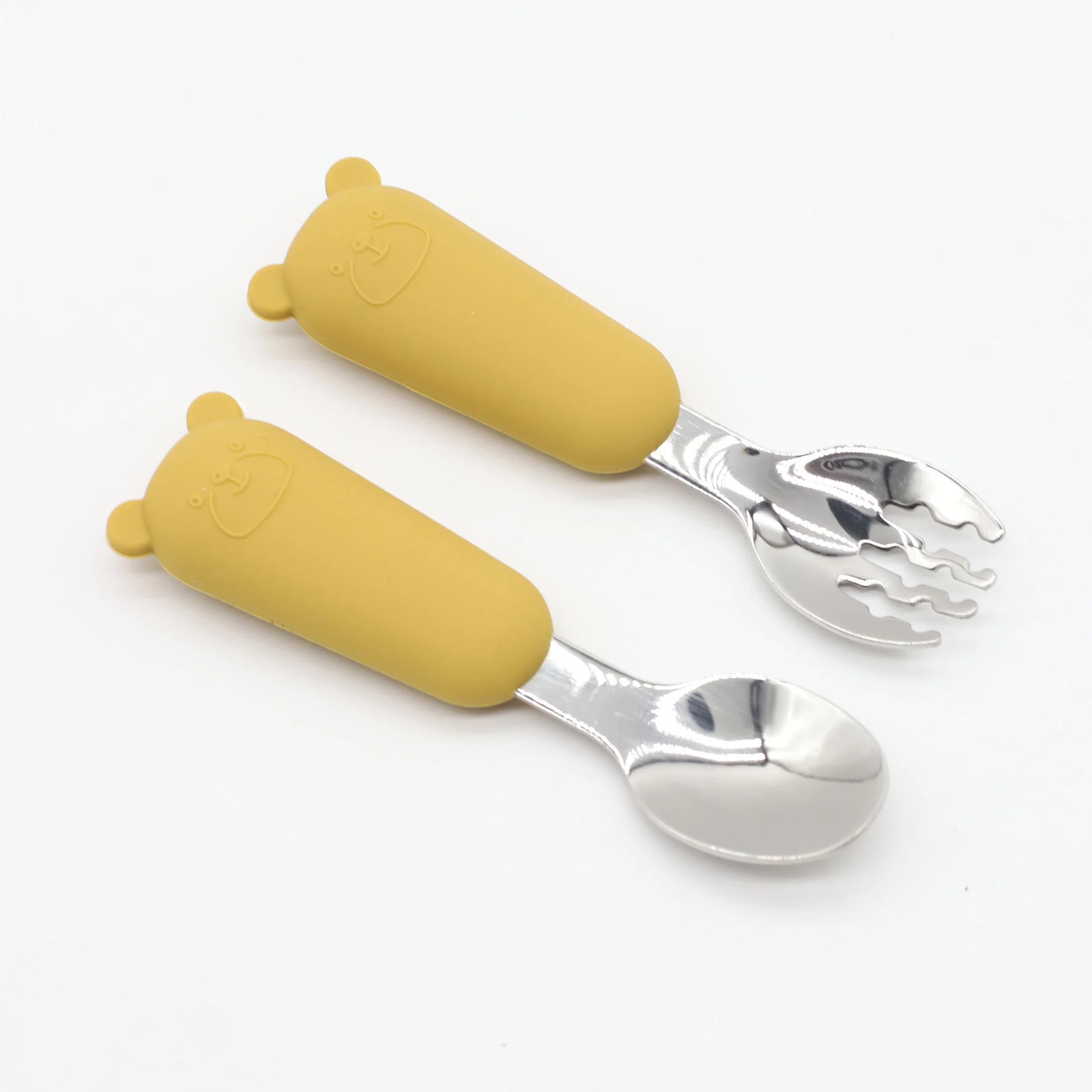 

New Little Bear Cartoon Stainless Steel Spoon and Fork 304 Auxiliary Food Spoon and Fork Baby