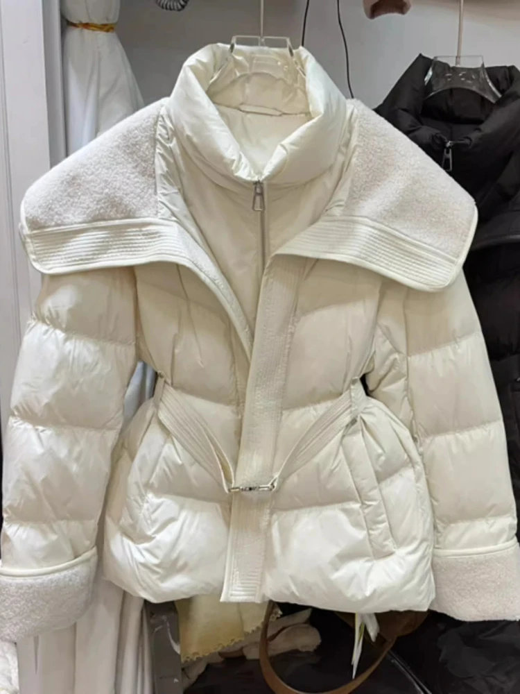 Fake Two Down Jackets High Quality Mid-Length Pikes Large Collar Belt Slim Elegant Winter Thickend White Duck Downs Coat Women