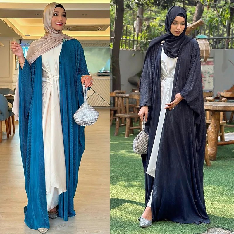 

Pleated Chiffon Dresss for Women Malaysian Turkish Robe Abaya Long Sleeve Cardigan Muslim Dress Women Solid Modest Outer Cover